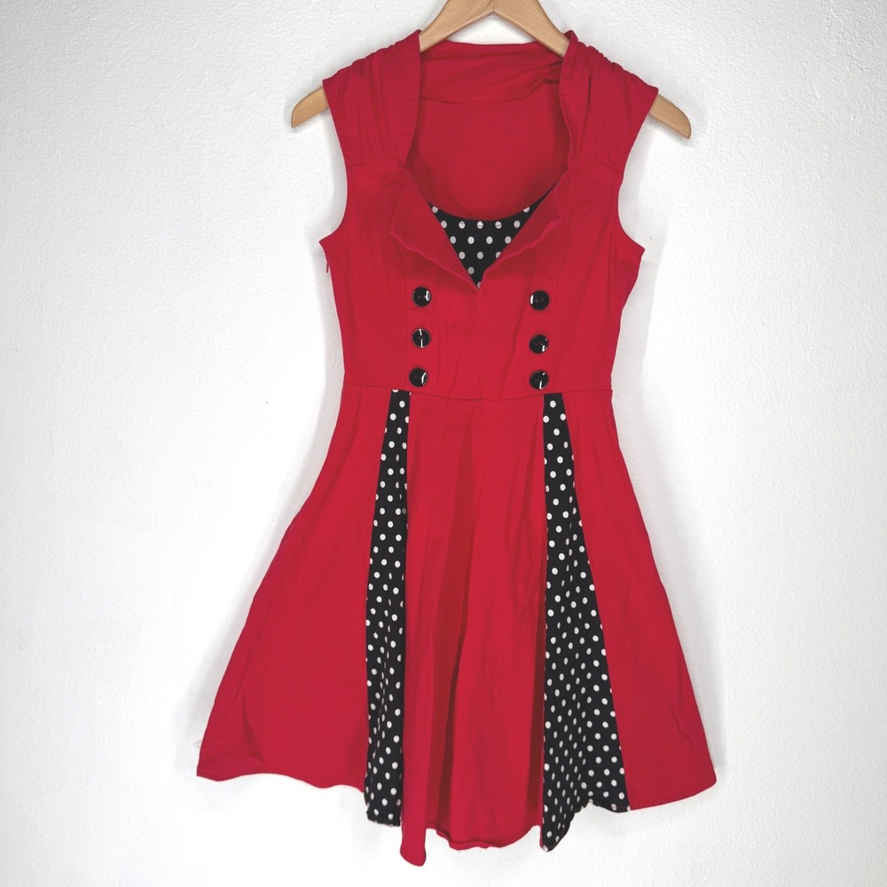 Red Polka Dot Rockabilly Pinup Fit Flare Dress Sleeveless Retro Medium Polka Dot